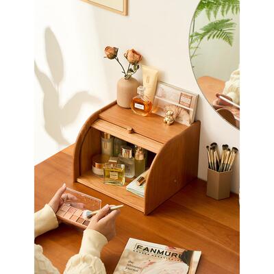 樱桃实木卷门帘物柜复古桌面收储纳盒 中KPU古风台木面杂物置物架