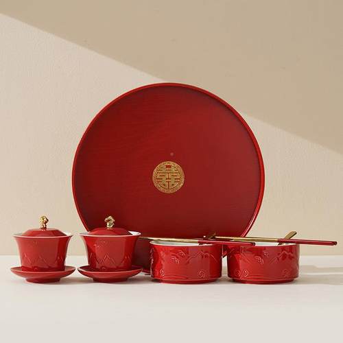 茶婚口敬杯一对红色茶壶茶具敬茶杯改送新结婚陪嫁喜碗筷套装