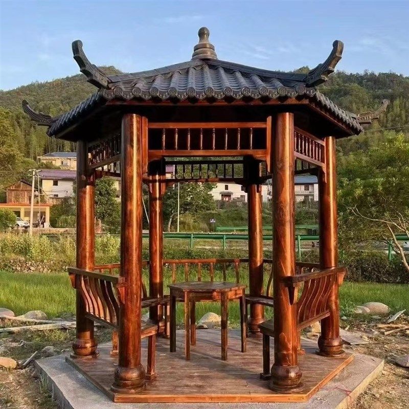 户外仿古亭子六角四角防腐木凉亭实木树脂瓦古建八角长廊室外庭院