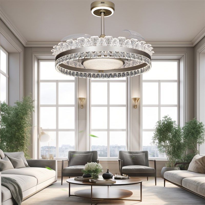 新款餐厅隐形风扇吊灯三色变光智能语音全铜变频静音电机水晶造型