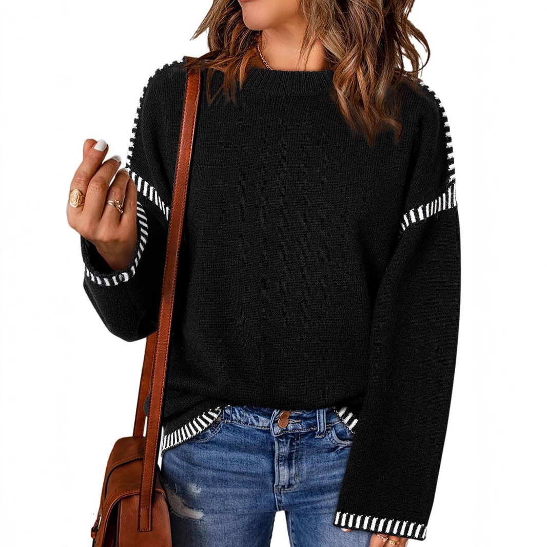 2024秋冬新款女式纯色圆领宽松绞花针织毛衣撞色设计长袖套头上衣