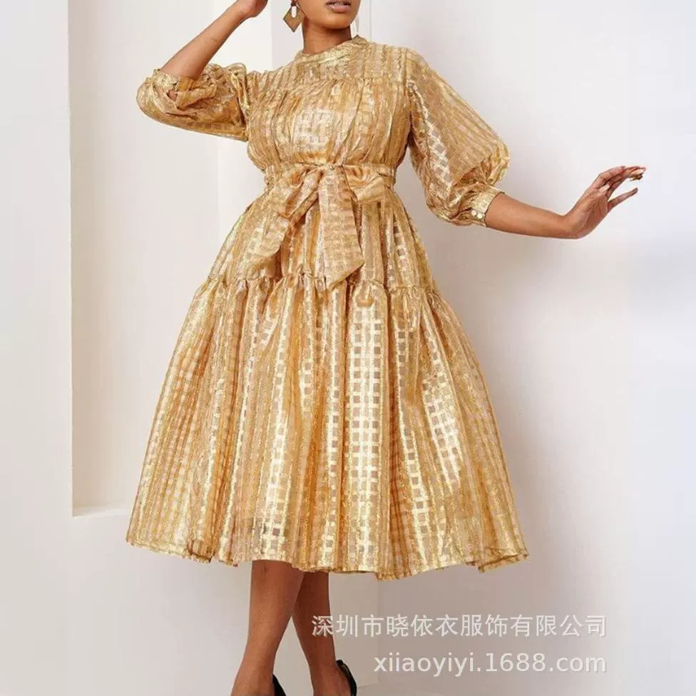 亚马逊跨境外贸欧美大码气质通勤春夏新款系带收腰女装格纹连衣裙