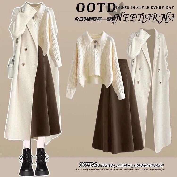 秋冬2025新款拉德套装韩系大衣+针织衫毛衣+显瘦半身裙三件套装