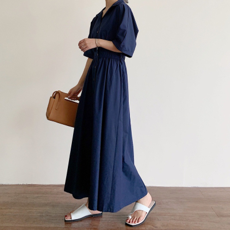 2022夏季新款 韩国修身显瘦长款喇叭形短袖连衣裙 衬衫裙