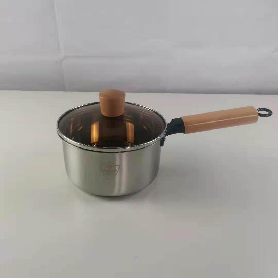 国风实木柄奶锅加厚复底不锈钢防烫热牛奶天燃气电磁炉两用16CM