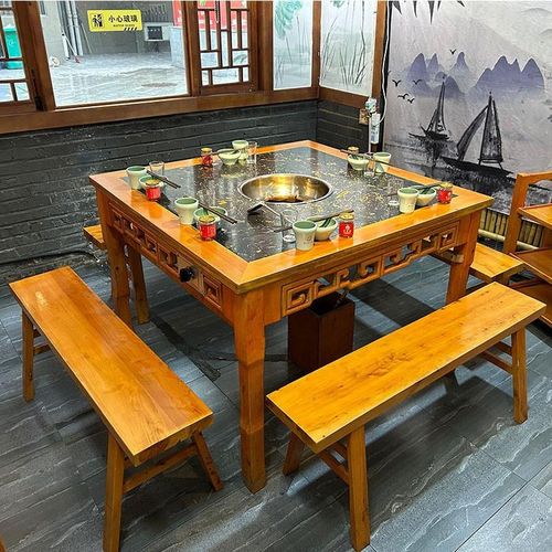 实木火锅桌 商用大理石串串香圆桌 电磁炉无烟一体火锅桌椅组工厂