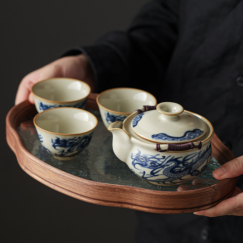 汝窑青龙纹盖碗茶杯手抓壶茶盘防烫泡茶碗片端功夫茶具装