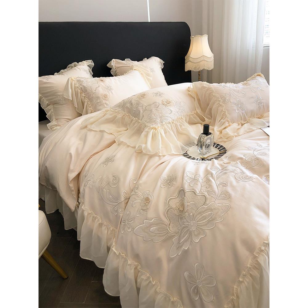 法式120S全棉四件套立体花卉蕾丝刺绣床裙床单被套床上用品香槟色