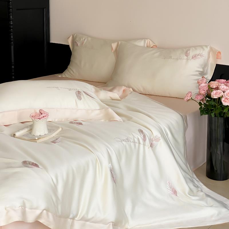 夏季小清新A类60支天丝四件套羽毛刺绣被套床笠冰丝凉感床单床品