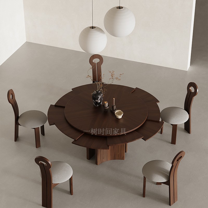 中古半月a圆桌侘寂风小户型带转盘黑胡桃旋转伸缩餐桌实木变径餐