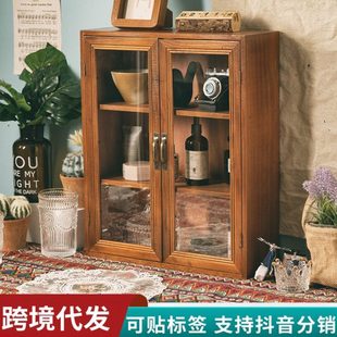 饰木质茶具双开门收纳柜 家用复古手工防尘储物柜子多层整理酒店装