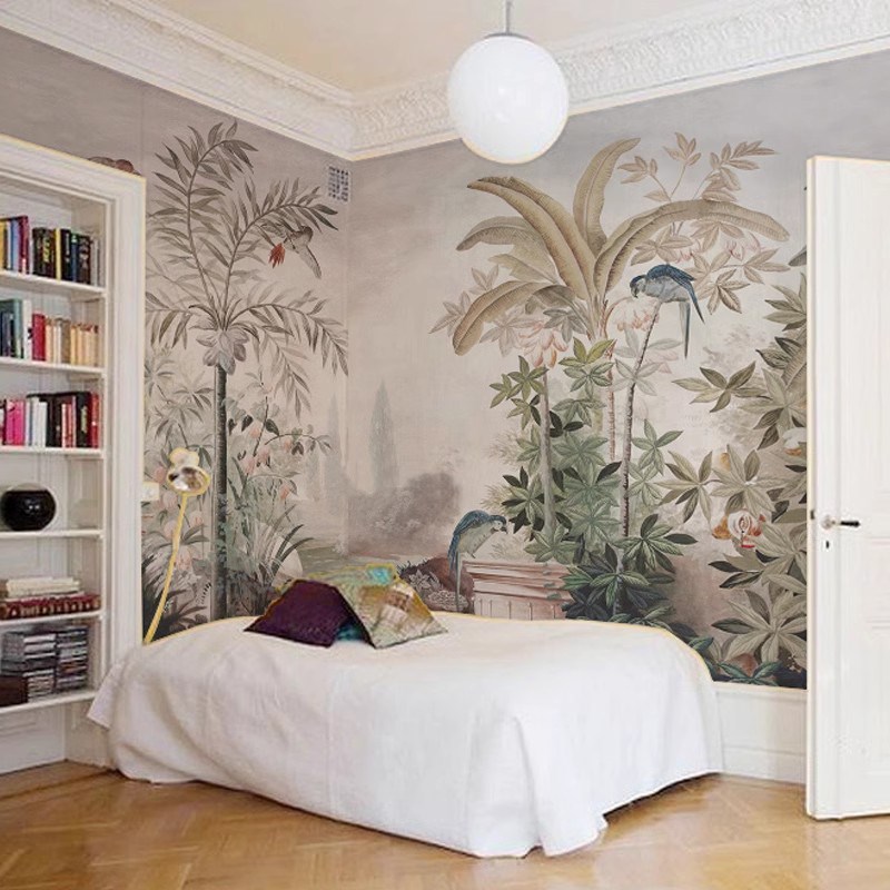 欧法式油画宫廷热带雨林卧室沙发电视背景墙布壁纸复中古玄关定制