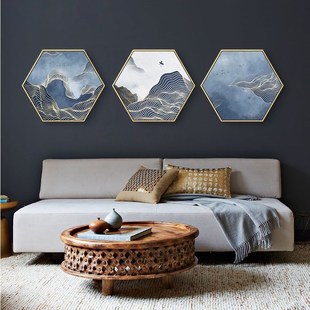 新山水写意装饰画现代六边形灰色背景办公室墙面墙画