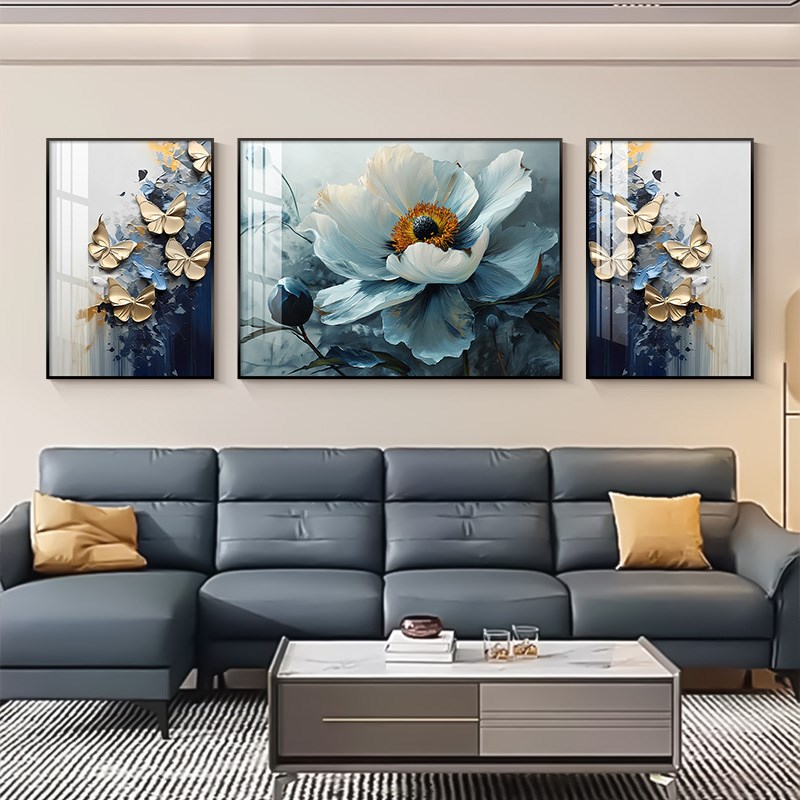 现代轻奢客厅装饰画抽象立体花卉沙发背景墙挂画高级感油画三联画图片