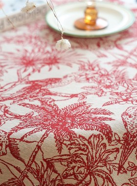 法式丛林红色新年桌布新复古立体提氛围感餐桌长方形茶几布定制