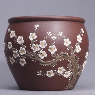 宜兴原矿老紫泥高端泥绘梅花大容量水缸杯紫砂精品主人杯功夫茶具