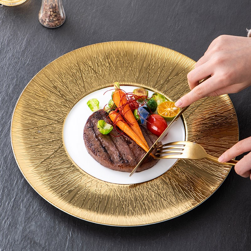 高档骨瓷金银边盘子西餐平盘高端酒店会所摆盘餐具餐厅展示盘垫盘