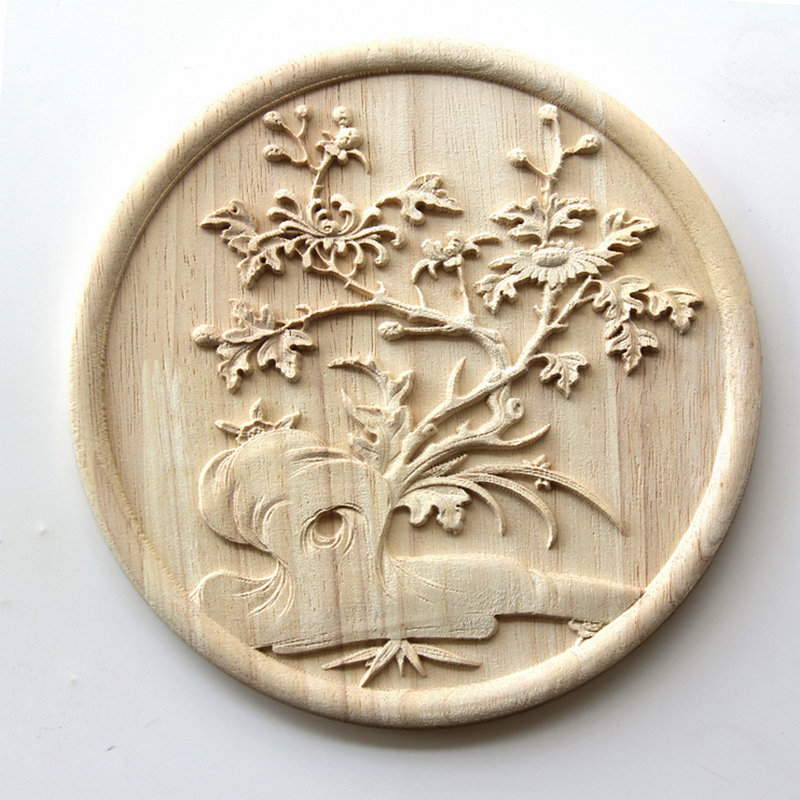 中式梅兰竹菊圆形实木雕花贴花  东阳木雕浮雕家俱背景墙装饰花片