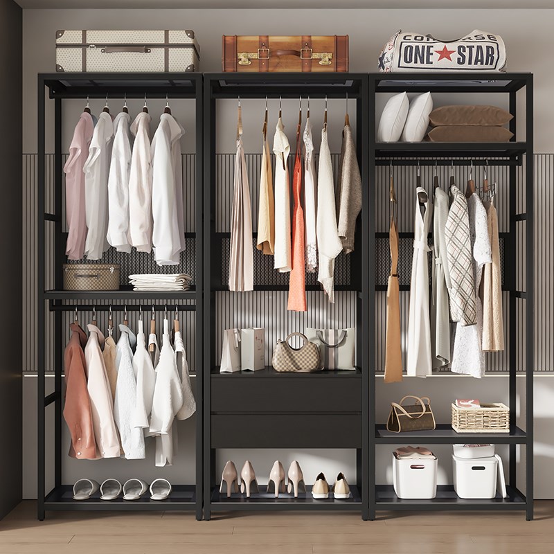 步入式衣帽架卧室家用定制落地衣架鞋架一体全金属多层放式
