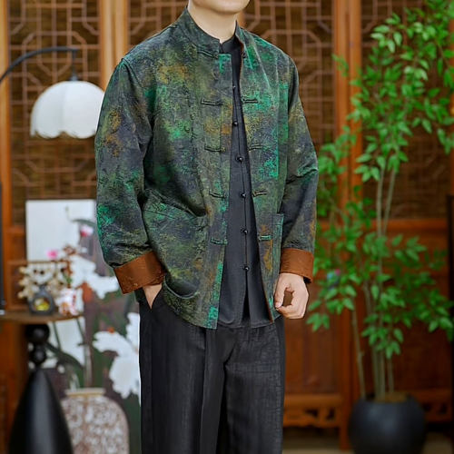 【古雅沧桑】重磅红云纱丝毛唐装外套男秋冬复古新中式休闲上衣