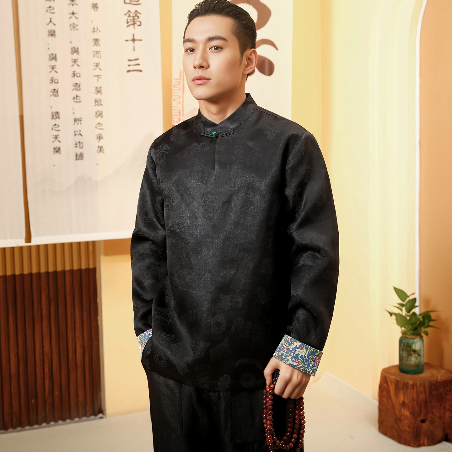 【蜀锦生辉】新中式男士中国风长袖T恤秋季新款三星堆提花香云纱