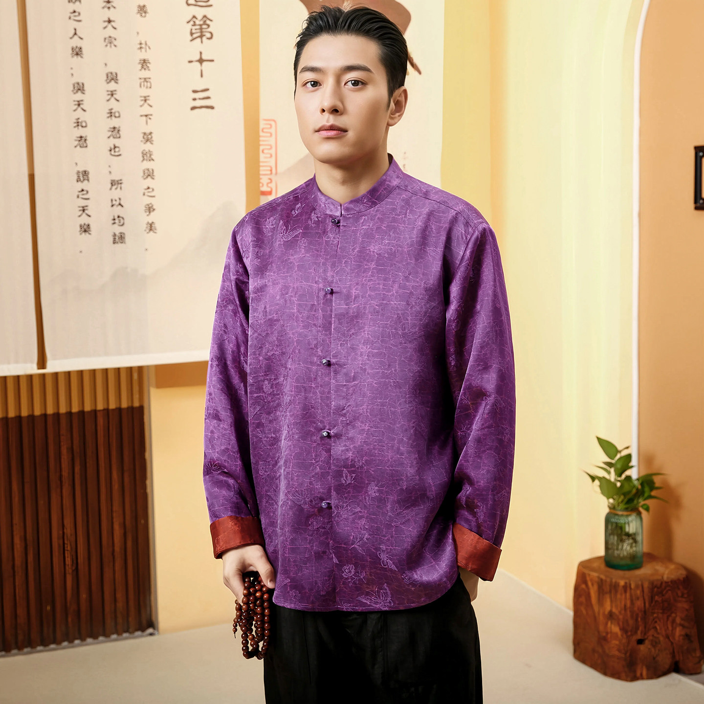 【紫气东来】香云纱透孔螺新中式双面穿休闲长袖衬衫男秋季新款潮