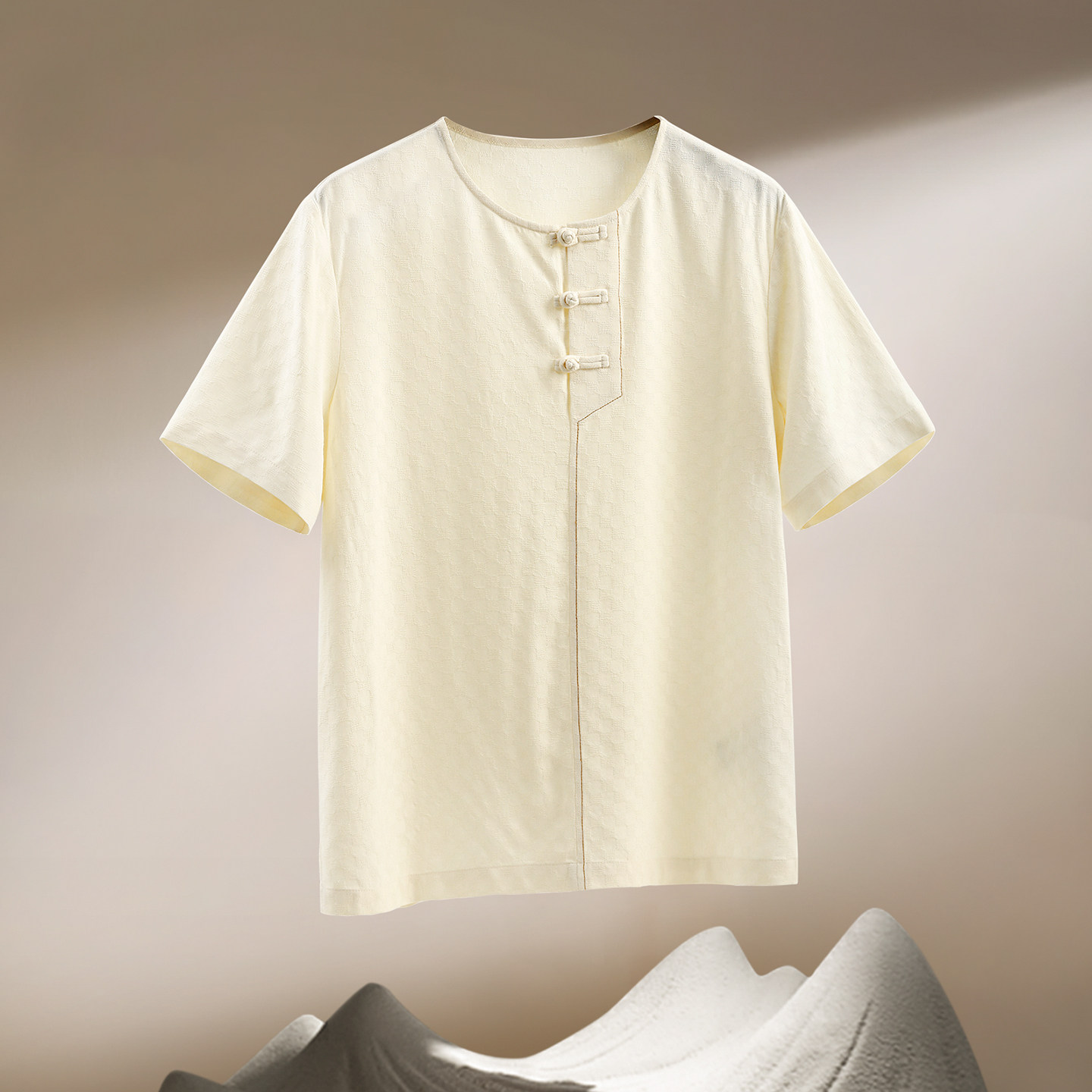 【公子如玉】中式中国风复古T恤男手工盘扣圆领白色柞蚕丝上衣潮