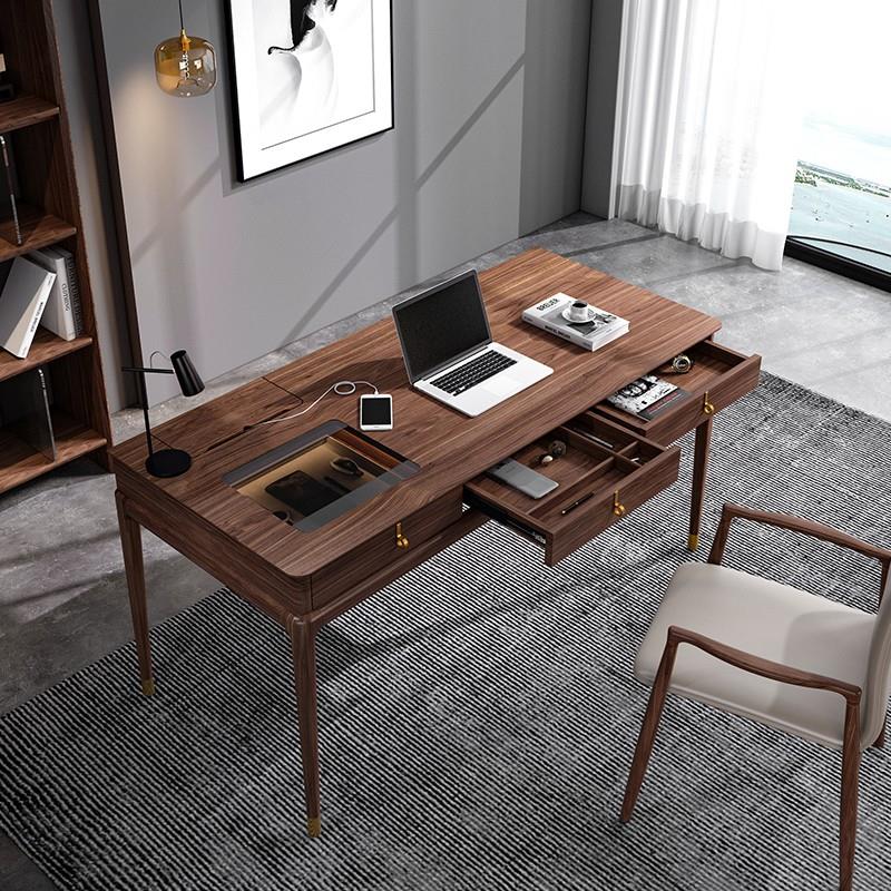 北美胡桃木书桌简约轻奢全实木电脑桌带抽屉强收纳家用办公写字台