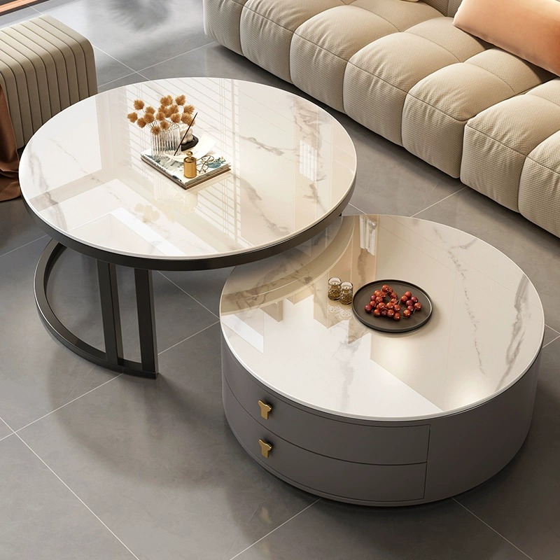 岩板茶几客厅家用现代简约小户型圆形伸缩茶几桌多功能桌子