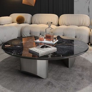 意式微晶石石茶几茶台极简客厅家用大理石台面大小圆形茶几