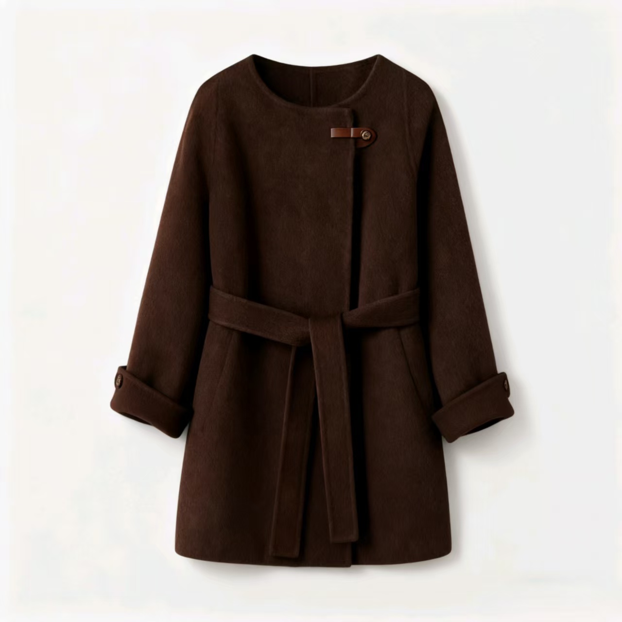 【大欢欢专享】秋冬新款高端双面毛呢单粒扣腰带中长款大衣0191款