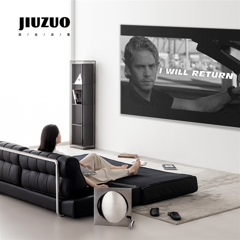 就坐设集 专利黑色皮小户型慵懒风不锈钢钢琴键三人翻折沙发床