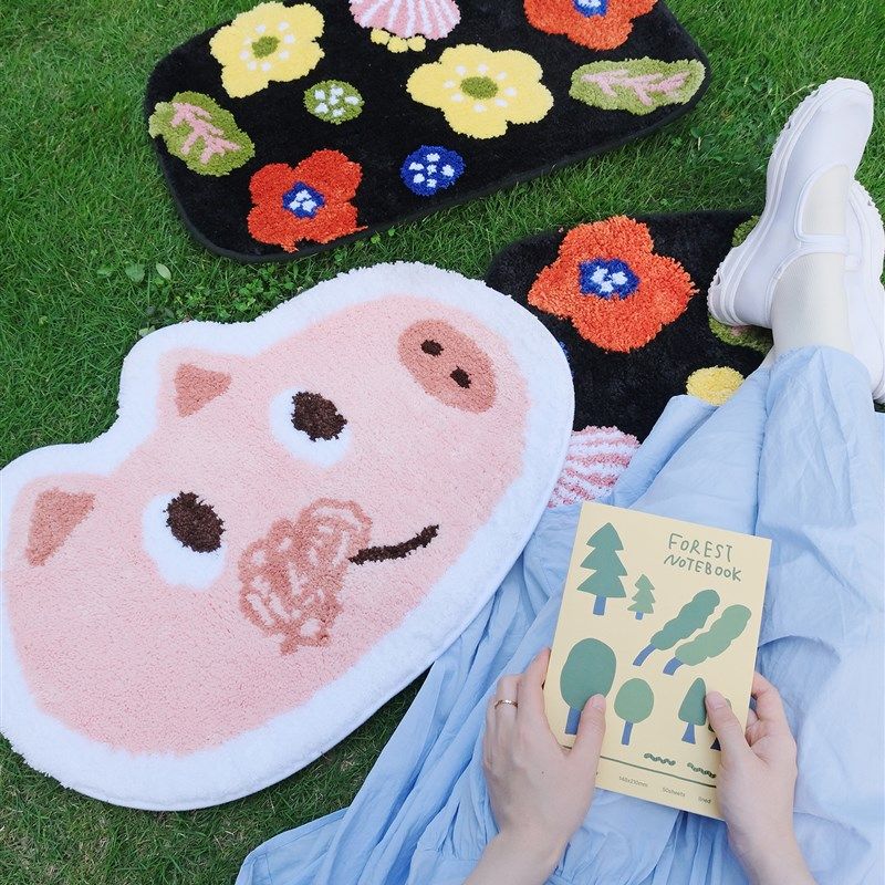 jobbo可爱猪猪花花植绒地垫卡通家用地毯 卧室床边防滑可机洗