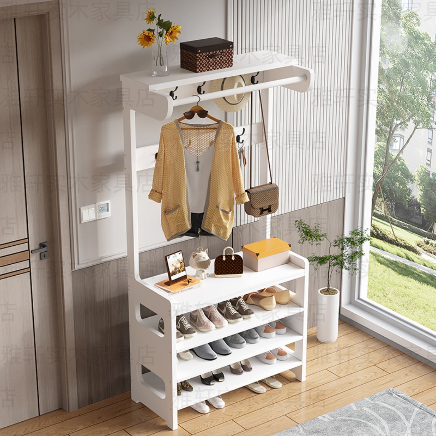 加厚实木衣帽架鞋架一体客厅那口鞋柜挂衣架组合加粗框架送货上门