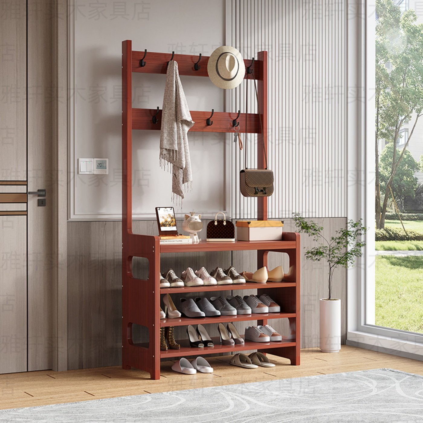 鞋架衣帽架组合实木入户门口挂衣架鞋架一体客厅玄关收纳架落地式