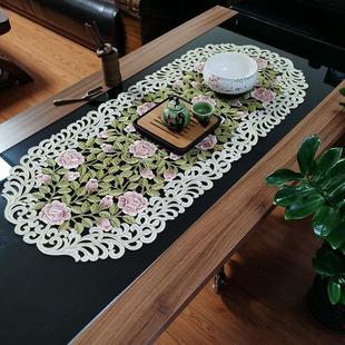 欧式 中式 布艺绣花轻奢桌布会议桌布椭圆桌布华丽牡丹镂空桌布桌旗