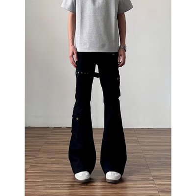 新款白色绑带工装牛仔裤男款美式高街裤子修身直筒微喇裤