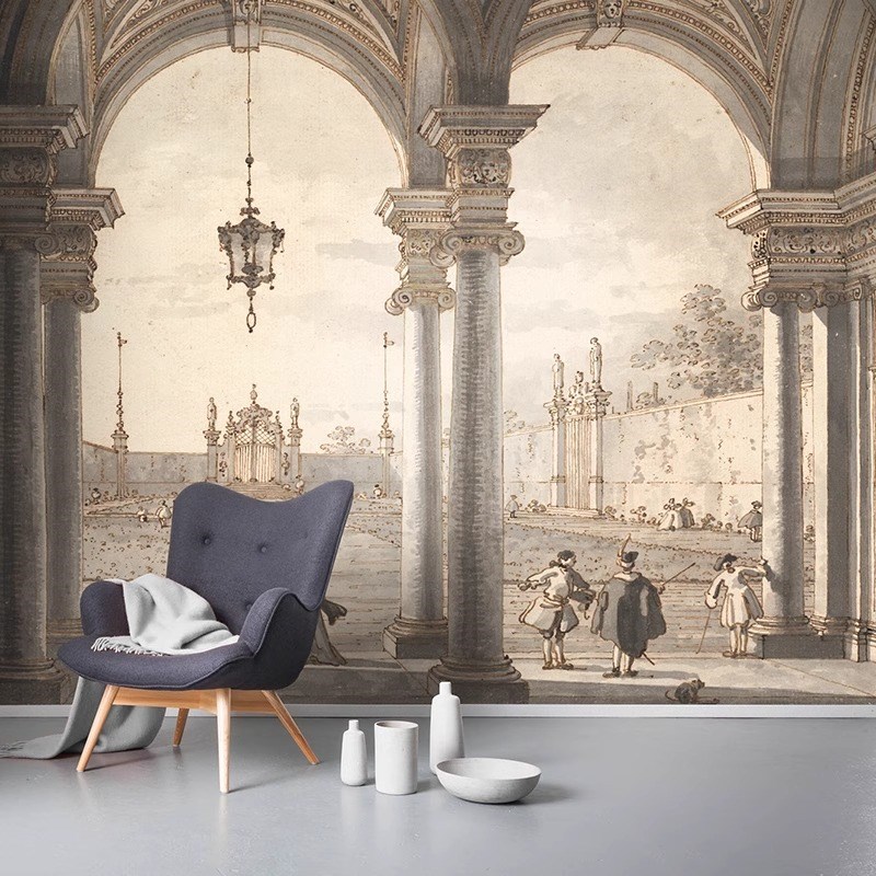 欧式覆古宫廷建筑壁纸客厅沙发壁纸卧室床头墙布饭厅装饰壁画