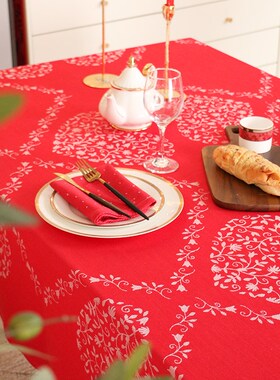 lund红色结婚桌布喜庆氛围感家用餐桌布新级感茶几盖布