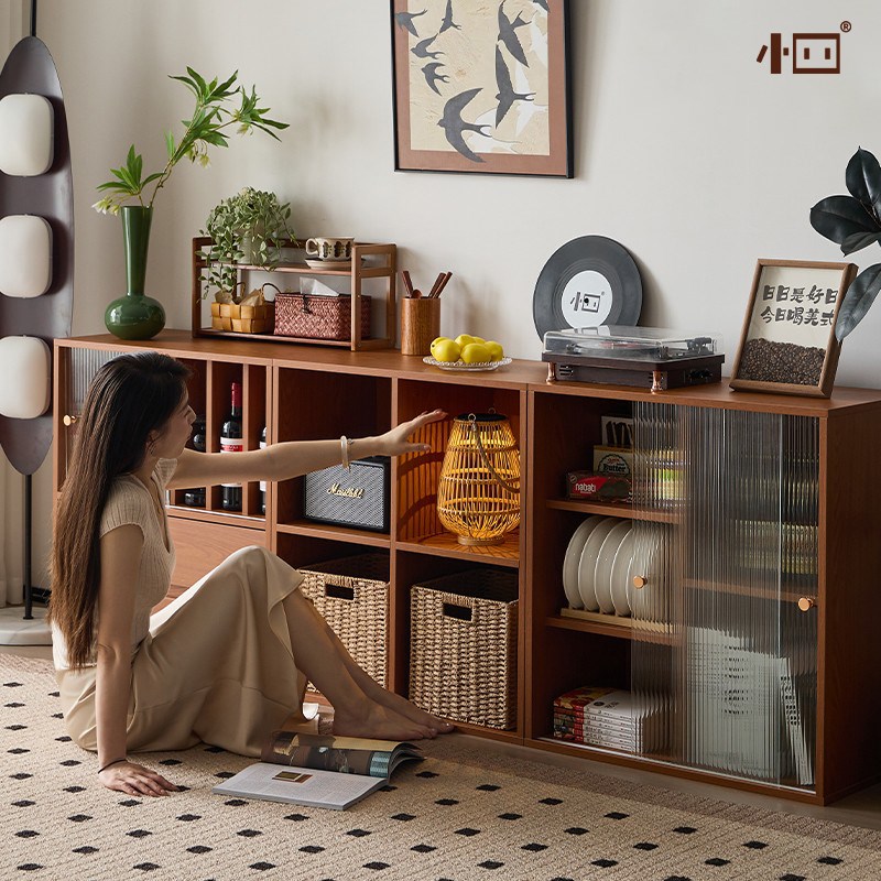 小四书柜组合柜中古黄杨木色餐边柜展示柜客厅落地电视柜储物矮柜