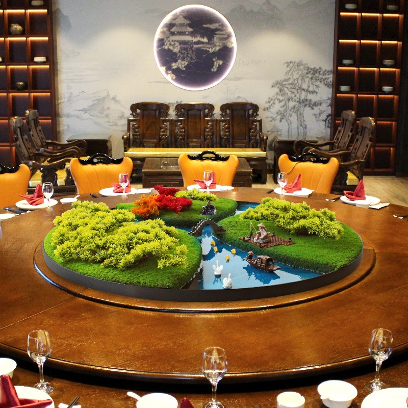 酒店大圆桌中间转盘摆花饭店中间造景摆件仿真绿植创意微景观装饰