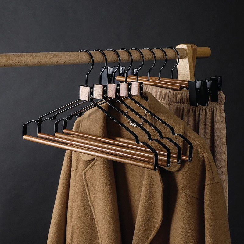 轻奢衣架家用挂衣撑铁艺镶木高档榉木不锈钢金属衣柜挂衣防滑无痕