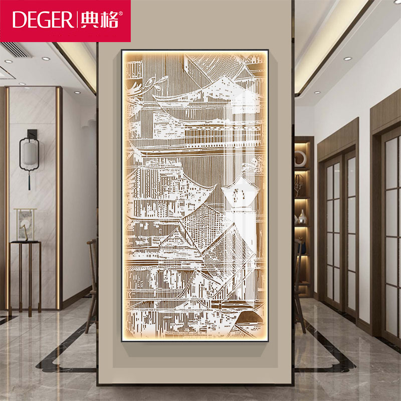 现代中式过道玄关挂画亭台阁楼工艺画抽象装饰画3d立体浮雕肌理画图片