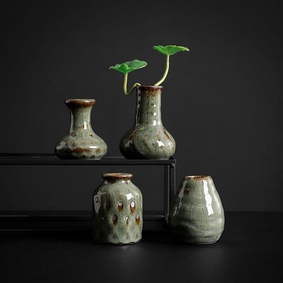 中式陶瓷花瓶花器桌面小摆件展示架茶桌复古插花水培植物铜钱草