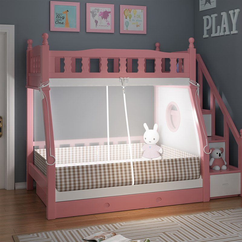 子母床蚊帐上铺1.2m双层床下铺1.5米儿童实木家用拉链门不挡书架