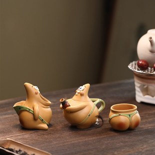 宜兴紫砂 精品段泥创意可爱茶玩摆件 派大星茶壶公道杯屁屁茶杯