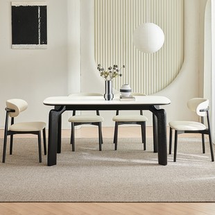 简约 小户型家用桌子新款 德利丰岩板奶油风餐桌 白蜡木大象腿饭桌