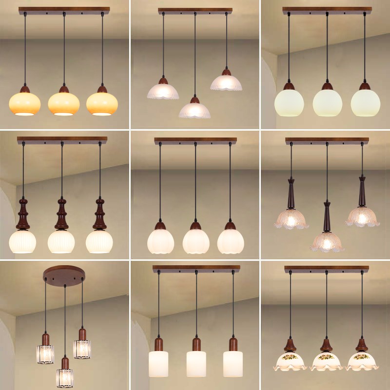 餐厅吊灯三头餐桌灯新款胡桃木中古风长条灯饭厅灯创意家用餐厅灯