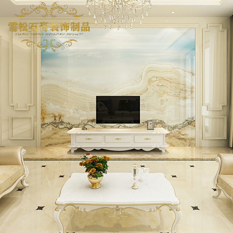 欧式客厅电视背景墙造型灯盘灯池吊顶灯圈石膏角花天花吊顶石膏线