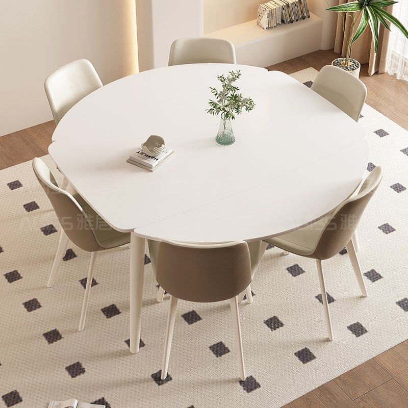 雅居轩奶油风伸缩岩板餐桌椅小户型方圆两用现代白色饭桌,住宅家具,岩板餐桌,淘宝优惠券,粉丝福利购,淘宝优惠卷